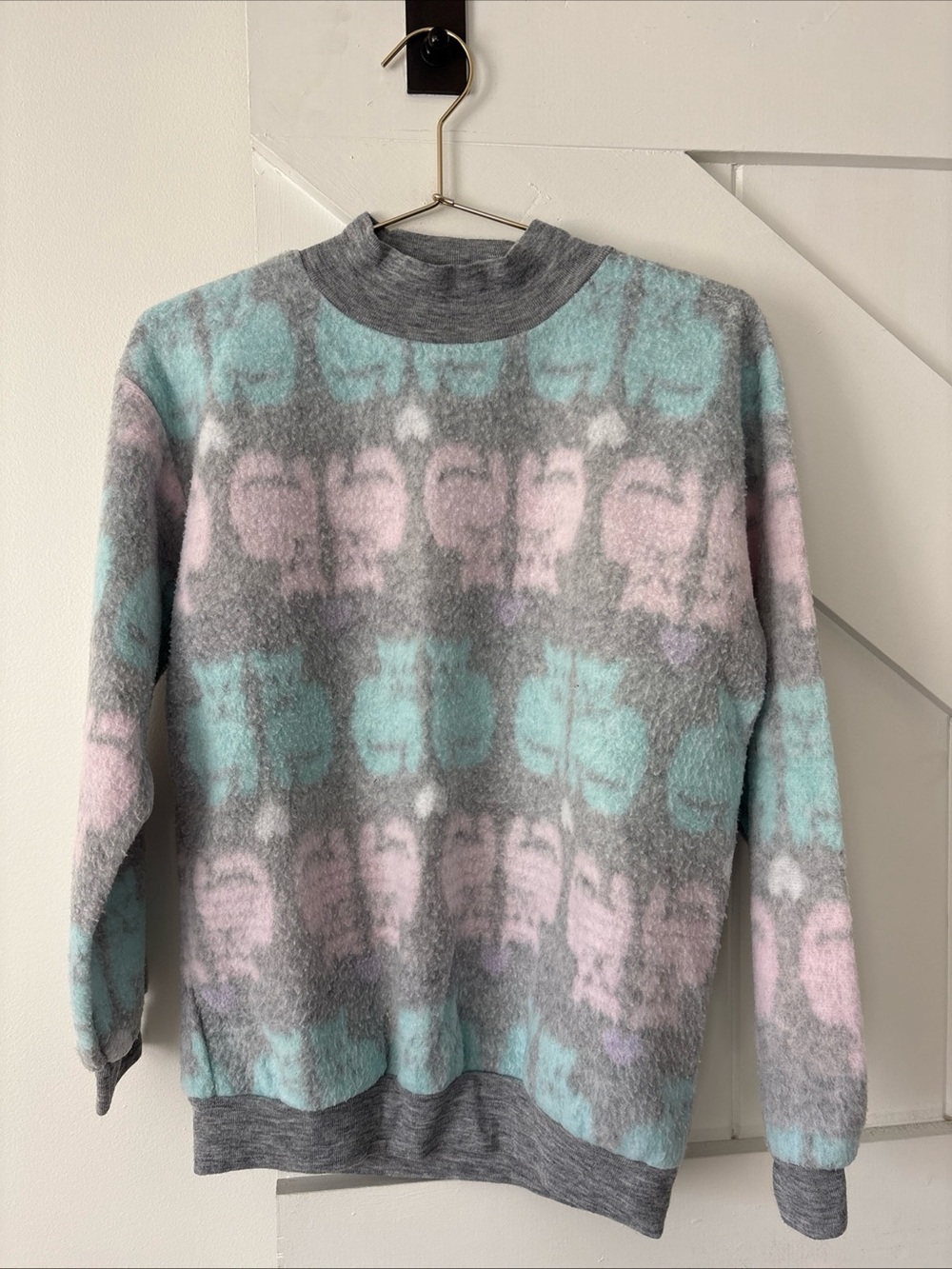 Just Dawn Fuzzy Fleece Pullover Pastel Cat Print Mock Neck Turtleneck Sweatshirt
